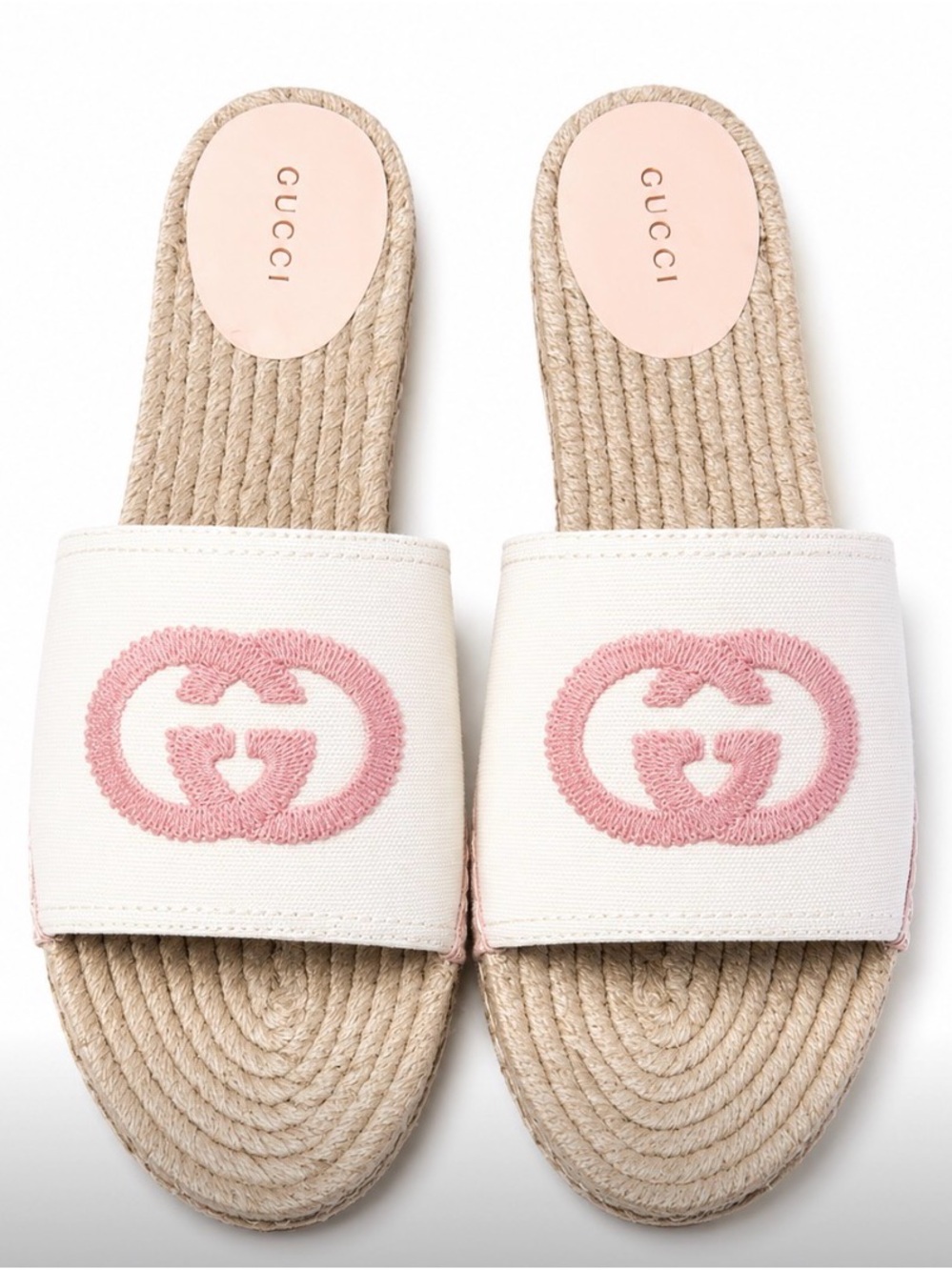 Gucci White Canvas Slide Sandals with Pink GG Embroidery